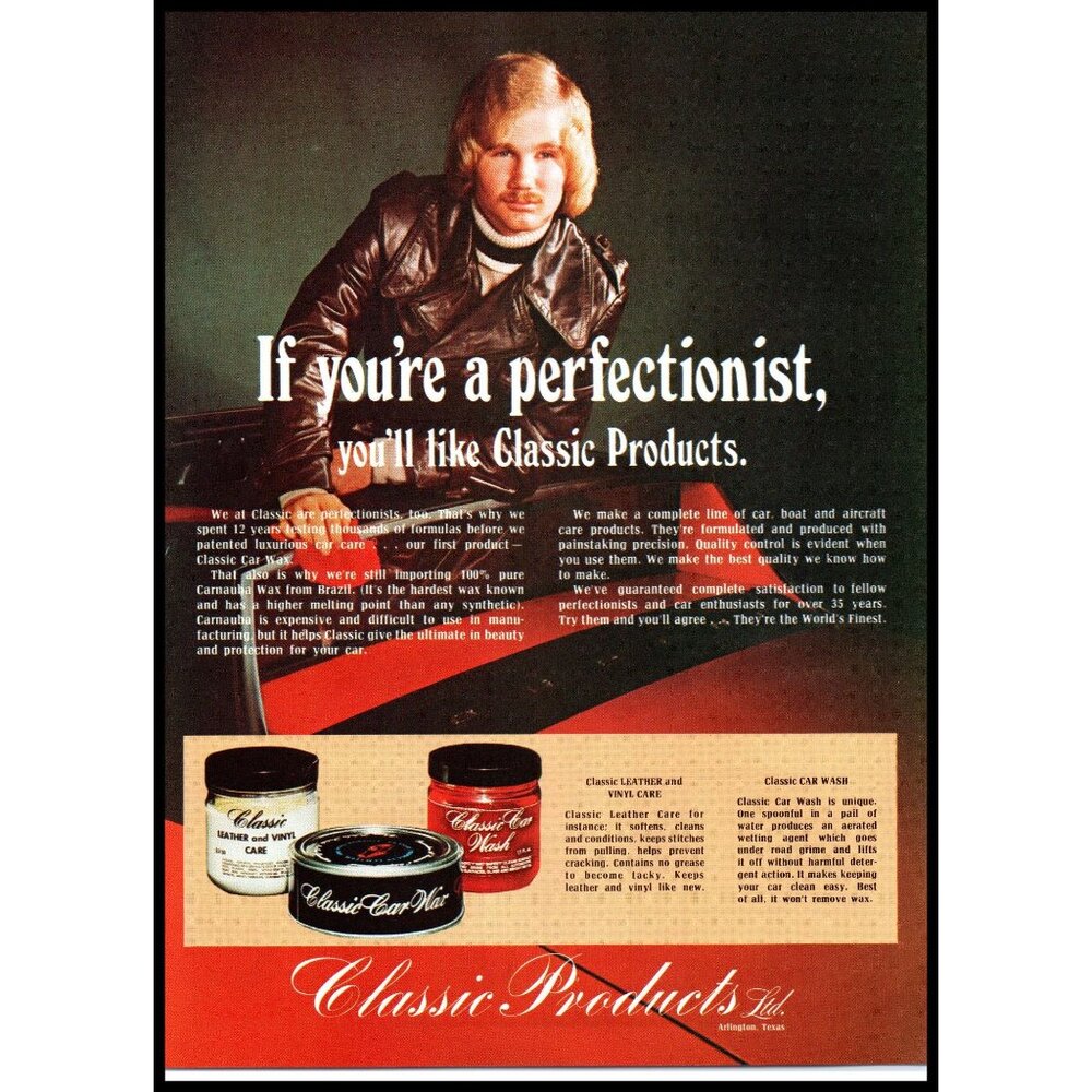 1974 Classic Products Car Wax Vintage Print Ad 70s Fashion Mustache Wall Art